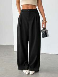 SHEIN PETITE 女士休闲优雅纯色口袋宽松裤，黑色裤子 - 黑色 - 查看 6