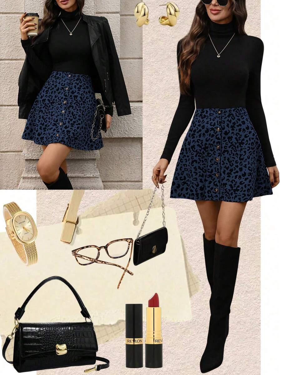 EMERY ROSE 女士豹纹灯芯绒纽扣前开襟A字裙 - 寶藍色 - 查看 1