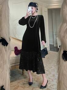 DAZY Women's Solid Color Round Neck Lantern Sleeve Sequin Ruffle Hem Elegant Dress - Black - View 6