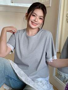 Dazy Plus 大码蕾丝边饰圆领短袖T恤 夏季 - 灰色 - 查看 8