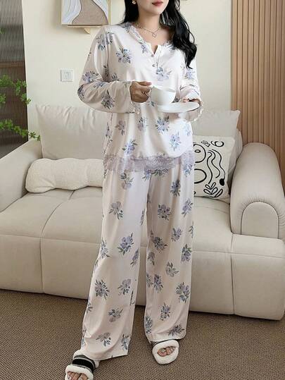 Dazy Plus Plus Size Elegant & Comfortable Floral Print Long Sleeve Top And Pants Pajama Set