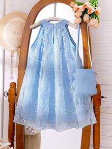 SHEIN Toddler Girls' Embroidered Mesh Flower Girl Wedding Party Princess Dress, Sleeveless Ruffle Halter Neck Dress With Crossbody Bag, Summer - Blue - View 2