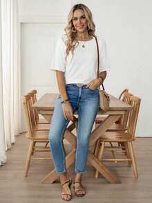 Louniche 女士休闲纯色短袖T恤，亚麻针织露脐上衣 - 白色 - 查看 7