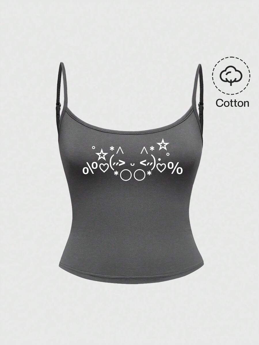 ROMWE Kawaii Cute Mini Korean Vintage Emoticon Star Heart Shy Kitty Y2K Camisole Tank Top For Women - Dark Grey - View 1