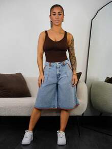 SAYEHFBABY 女式撞色边喇叭牛仔短裤 - 藍色 - 查看 6