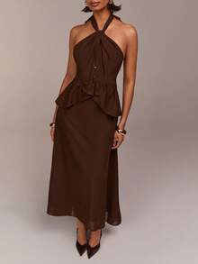 COSMINA Robe longue élégante pour femmes avec col en V sans manches, ourlet à volants, taille cintrée dans un style bohème. Idéale pour les vacances, les sorties, les soirées, les mariages sur la plage, le printemps - Café - Voir 5