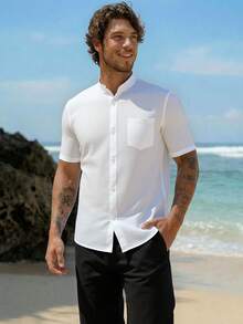 HIMLAND Bộ áo sơ mi tay ngắn cài nút thường ngày và quần dài cho nam - trắng - Xem 4