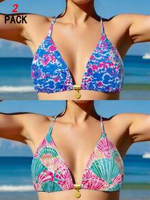 SHEIN 少女两件套印花比基尼泳衣上装，彩色贝壳和海星金属装饰，适合夏季、游泳和海滩穿着。 - 彩色 - 查看 5