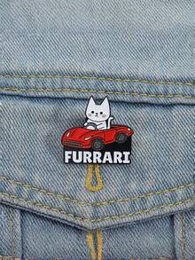 Joivida 1pc Cartoonish Design Of A Playful Cat In The Shape Of A White Cat Driving A Red Sports Car, Made Of Alloy With Baked-On Paint. A Cute Cat Badge Or Brooch. - Multicolor - View 1