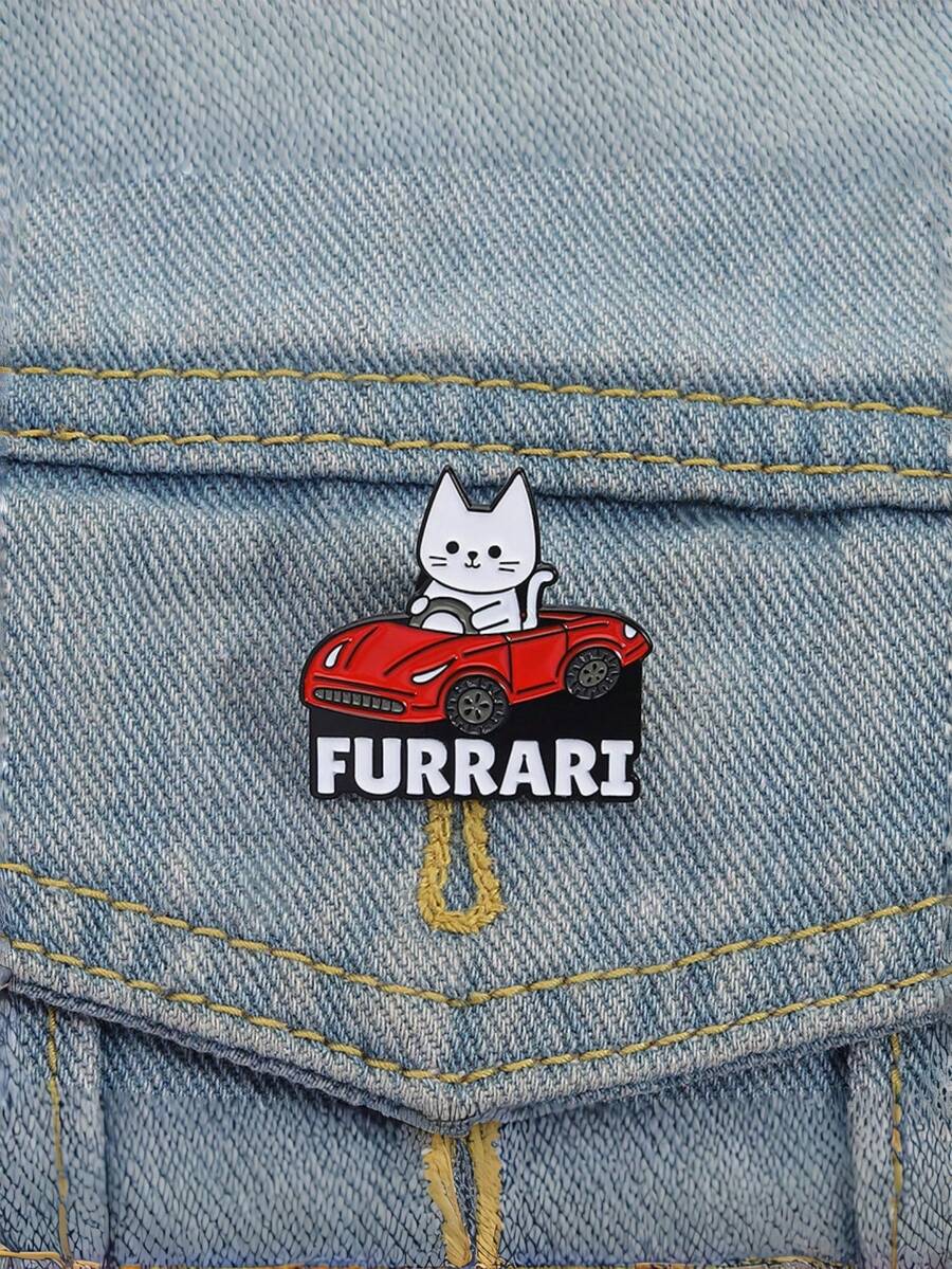 Joivida 1pc Cartoonish Design Of A Playful Cat In The Shape Of A White Cat Driving A Red Sports Car, Made Of Alloy With Baked-On Paint. A Cute Cat Badge Or Brooch. - Multicolor - View 1