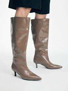 Women's Fashion Pointed Comfort Kitten Heel Knee Boots - Khaki - View 5