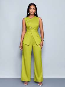 SOLERSUN 2pcs/Set Women Casual Fashion Daily Versatile Asymmetrical Neck Sleeveless Asymmetrical Hem Blouse & High Waist Wide Leg Pants With Belt - Green - View 4
