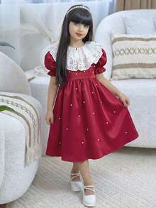Serisse Kids Tween-Mädchen Kleid im Prinzessinnenstil mit abnehmbarem Kontrast-Rüschenkragen und aufgeblähten Ärmeln in Rot - Rot - Übersicht 7