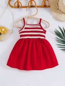 SHEIN Playful Pals 女嬰細肩帶A字裙 紅白條紋 夏季可愛派對裝扮 簡約優雅 寬鬆版型 海灘度假休閒夏日洋裝 - 紅色 - 查看 2