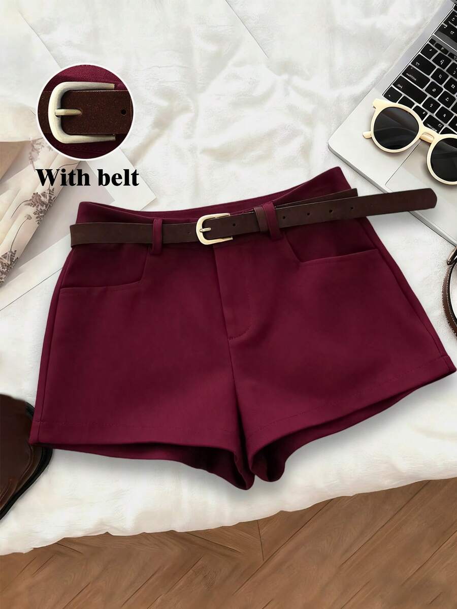 Franclia 优雅酒红色短裤，配腰带，夏季正式办公短裤 - 酒紅色 - 查看 1
