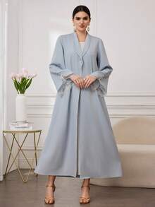 Al Najma 女士优雅日常法式蕾丝袖口装饰宽松长袖阿巴雅长袍 - 藍色 - 查看 3