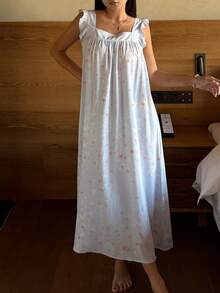 DAZY Ditsy Floral Square Neck Wide Strap Ruffle Hem Long Women Nightgown - Blue - View 7