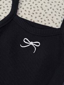 SHEIN Tween Girl Black Knitted Bow Embroidered Camisole Sweet Casual Cami Top, Spring And Summer, Basic, Daily, Versatile, Back To School Season - Black - View 4