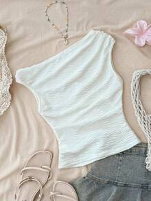 少女白色纹理针织休闲简约修身不对称褶皱短款上衣，适合春夏穿着，休闲百搭，可打造个性造型，日常穿着 - 杏色 - 查看 2