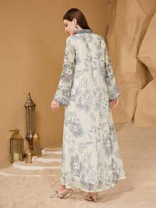 Layrah 复古优雅花卉印花拼接荷叶边领宽松长袖奢华连衣裙，女士款 - 彩色 - 查看 2