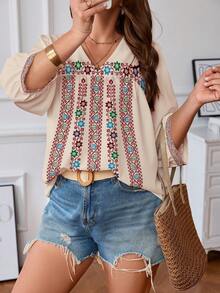 EMERY ROSE Plus Size Women Vintage Floral Print V-Neck Lantern Sleeve Loose Blouse - Multicolor - View 1