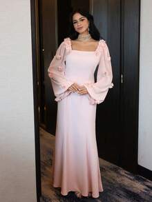 Women's Solid Color 3D Floral Decor Square Neck Lantern Sleeve Elegant Dress - Baby Pink - View 4