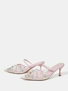CUCCOO HITCHD 女士时尚优雅派对花卉刺绣网纱蝴蝶装饰尖头高跟鞋 - 淺粉色 - 查看 9