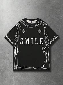 ROMWE MEN Casual Versatile Dark Graffiti Style Short Sleeve T-Shirt - Black - View 3