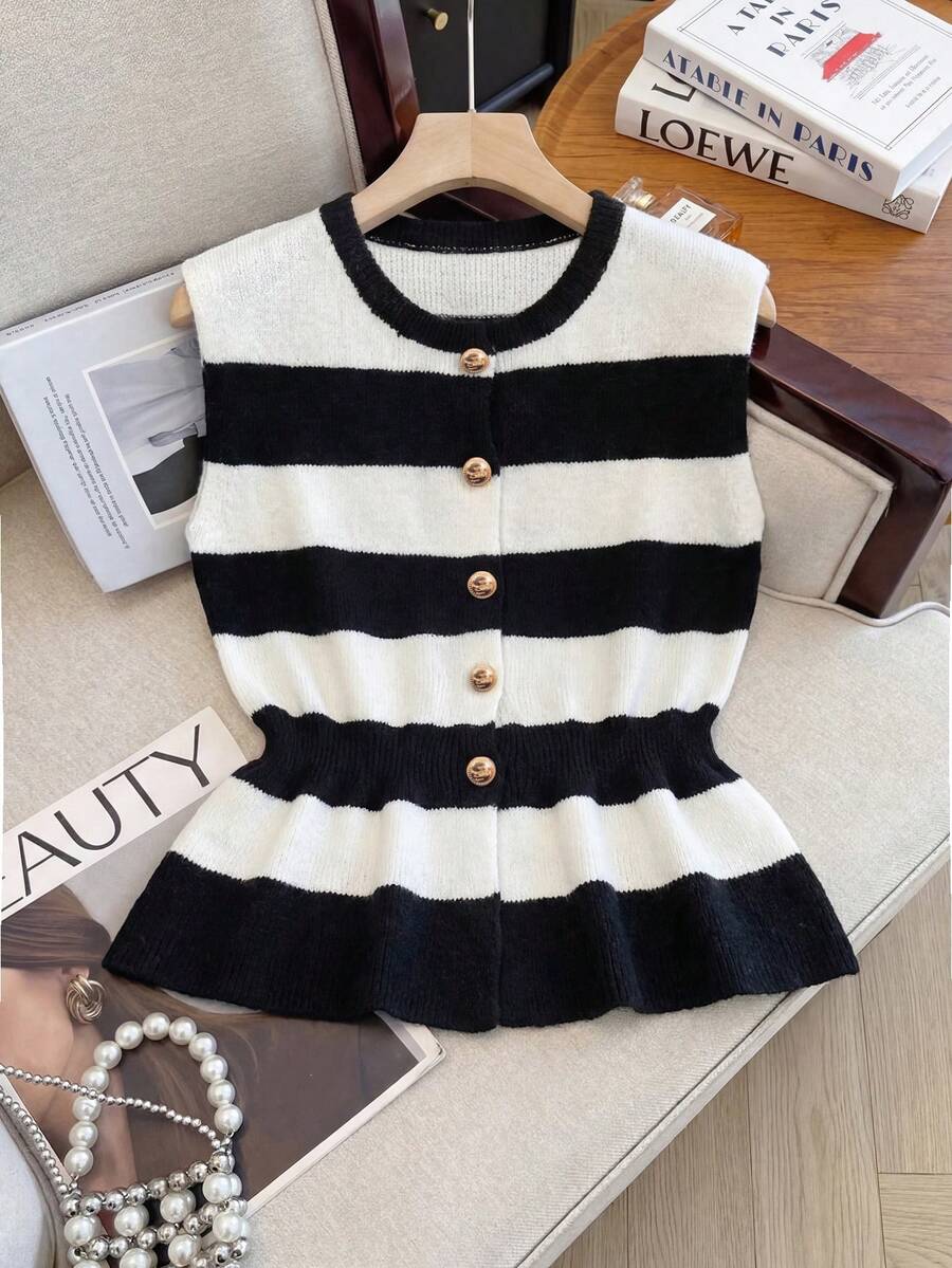 GlowEve Women's Casual Striped Cinched Waist Button-Up Cardigan Vest - Black and White - View 1