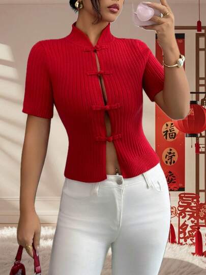 Rafferiza Vintage kinesisk stil nyårströja för kvinnor, elegant minimalistisk kortärmad kinesisk krage med knappar, röd stickad topp, höst/vinter