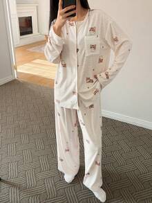DAZY 2pcs Women Polka Dot Cat Print Lace Patchwork Loose Cardigan & Pants Pajama Set - Apricot - View 3