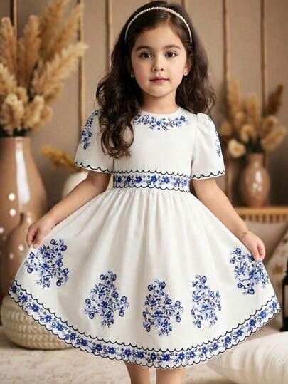 SHEIN Vestido de niña con cintura ceñida y estampado blanco, con mangas abultadas, adecuado para fiestas, vacaciones, uso diario, casual y versátil