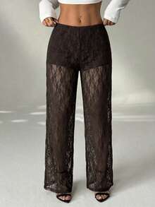 SHEIN PETITE Women's Elastic Waist Floral Lace Straight Loose Fashion Pants Lace Pants See Through Pants - Brown - View 2