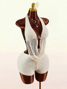 Amplova Women's Off-White Summer Seksi Chic Vacation Holiday 2 Pieces Set Metal Starfish Draped Backless Halter Neck Top And Nautical Shorts Clothes - Apricot - View 5