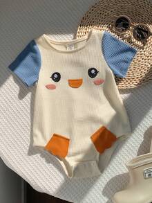 SHEIN 新生儿男女宝宝可爱企鹅撞色短袖连体衣套装，春夏款 - 藍色 - 查看 8