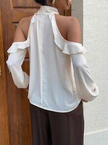 Siren Gaze Women's Elegant New Ruffle Off-Shoulder Chiffon Blouse, Autumn - Apricot - View 2