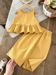 LMoss Kids Baby Girl Summer Casual Solid Color Ruffle Hem Top And Pants Set - Yellow - View 7