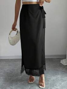 Selianne Black Wrap Midi Skirt - Lace Paneled Hem, Elegant & Versatile For Casual/Office Wear (Spring & Summer Women's) - Black - View 3