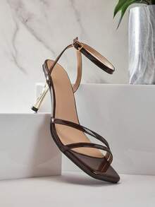 SHUZIA 精美女士漆皮PU方头性感高跟踝带搭扣凉鞋，适合舞蹈、假日派对、春夏穿着 - 巧克力棕 - 查看 2