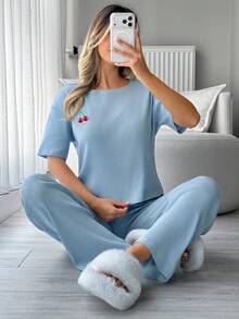 SHEIN Rib Knit With Cheery Embroidery Detail Homewear Comfort Lounge Set - Blue - View 5