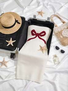 Franclia New Slim Fit Sexy Charming Sweet Gentle Cute Chaste Personalized Fashion Bow Strapless Dress, Suitable For Valentine's Day Date, Party, French Sweet Cool Refined Date, Cute Petite Women Sweater Strapless Dress - Red and White - View 5