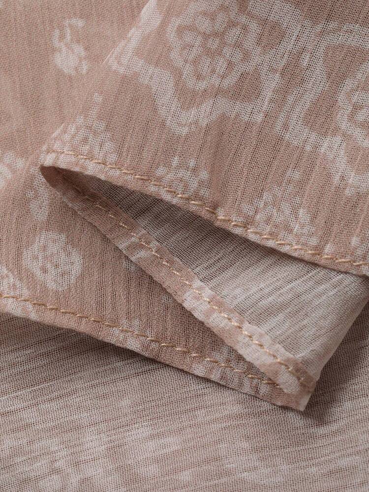 DAZY Women's Floral Print Loose Lantern Sleeve Tassel Tie Elegant Vacation Blouse, Spring/Autumn - Khaki - View 8