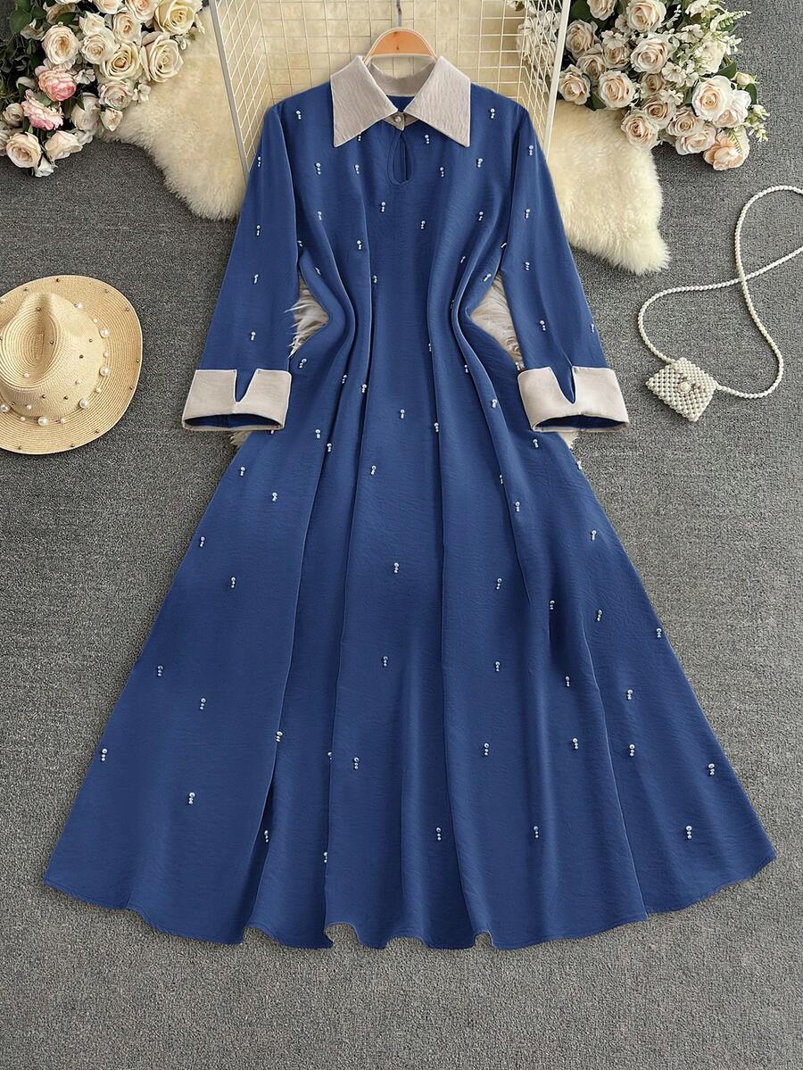 Al Najma 女士优雅通勤珍珠装饰长裙 - 藍色 - 查看 1