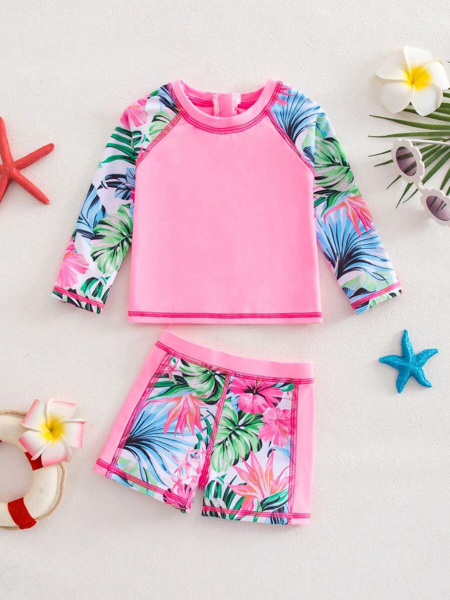 SHEIN Conjunto de traje de baño de top de manga larga con cuello redondo y shorts con estampado floral para bebé niña - Rosa Fucsia - Ver 1