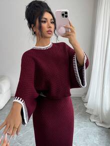 Elenzga 两件套：优雅通勤酒红色圆领插肩袖直筒半身针织衫，春夏款 - 酒紅色 - 查看 3