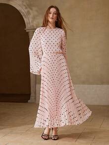 MOTF PREMIUM Đầm dài tay xếp ly họa tiết chấm bi thanh lịch dành cho nữ, thích hợp cho mùa xuân/hè. - Hồng - Xem 4