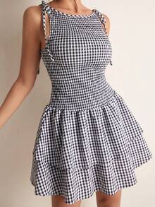 Freevana Women's Vacation Shirred Design Layered Ruffle Hem Plaid Sleeveless Dress - Black and White - View 4