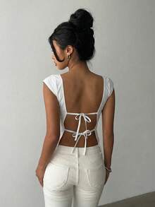 Aloruh Minimalist Daily Casual Square Neck Fitted Adjustable Tie-Back Cropped Shirt For Women White Elegant Top White Top Women Square Neck Tops - White - View 5