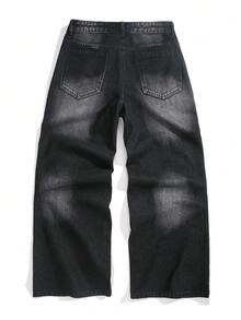 Manfinity EMRG 男士休闲水洗做旧字母印花牛仔裤 - 黑色 - 查看 2