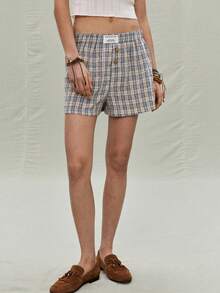 SoleilVie Quần short nữ kẻ caro kiểu retro, thích hợp mặc mùa hè. - màu nâu - Xem 5